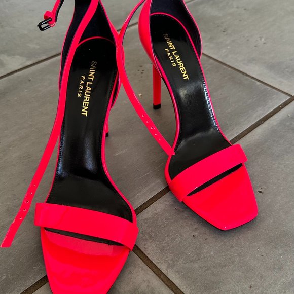 Saint Laurent Shoes - SAINT LAURENT Amber Ankle-strap Neon Leather Sandals In Red EU 39